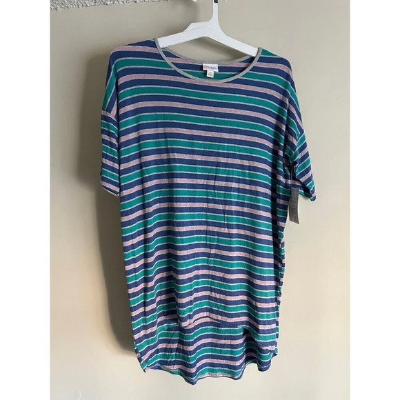 LuLaRoe Women’s Irma Tunic High Low Short Sleeve Shirt Top Size XS Multi Striped - Picture 1 of 6